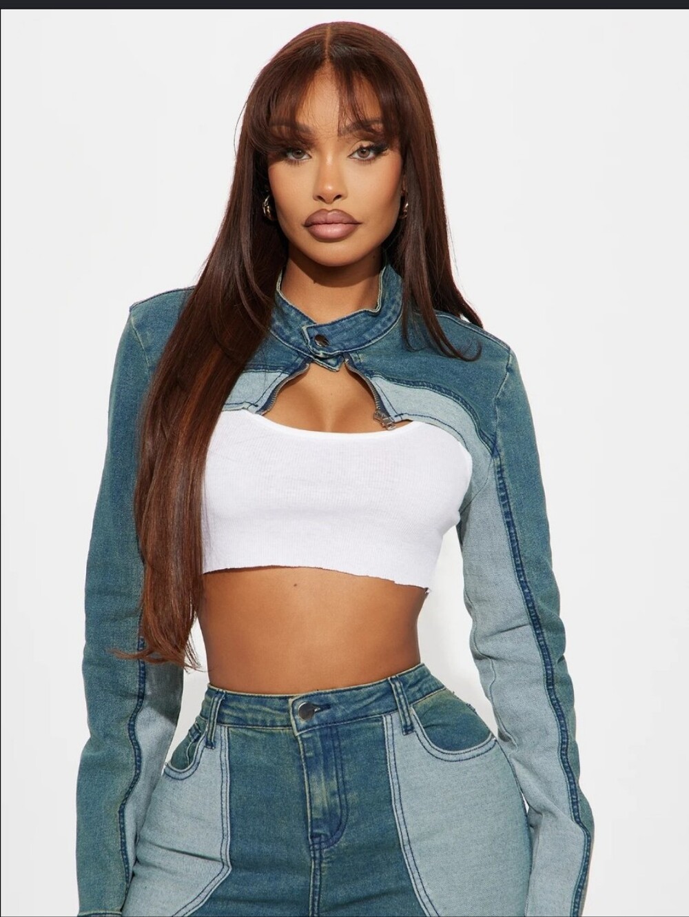 Fashion Nova Two-Tone Blue Denim Cropped Moto Jacket - Women Size Med. Nwt